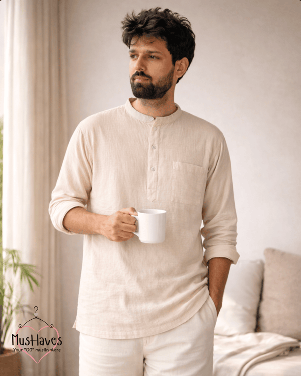 Classic Muslin Bandhgala Short Kurta – Light Beige