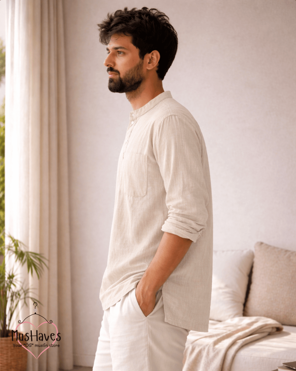 Classic Muslin Bandhgala Short Kurta – Light Beige