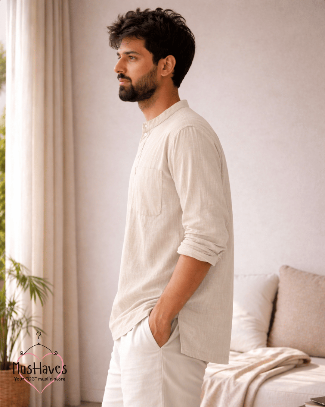 Classic Muslin Bandhgala Short Kurta – Light Beige