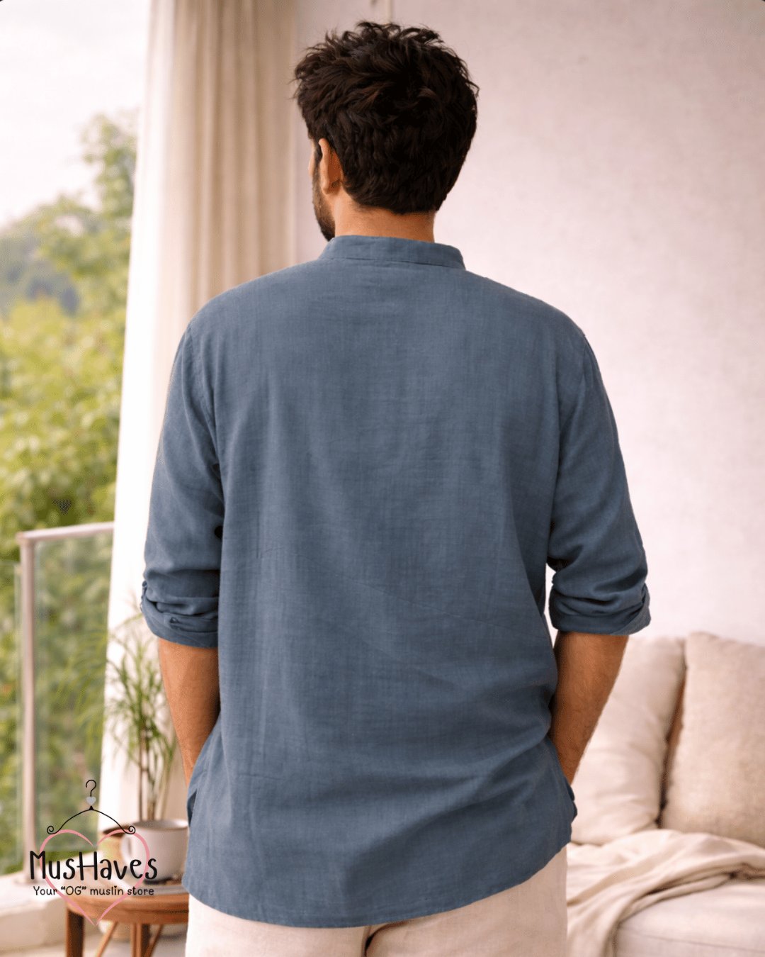 Premium Mulmul Kurta Teeshirt | 100% Organic Cotton | Men | Mushaves Classic | Deep Blue