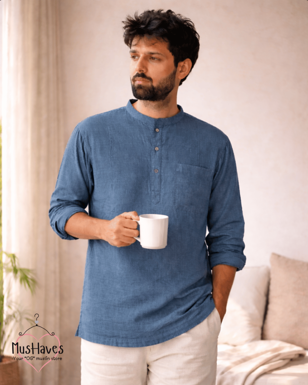Premium Mulmul Kurta Teeshirt | 100% Organic Cotton | Men | Mushaves Classic | Deep Blue