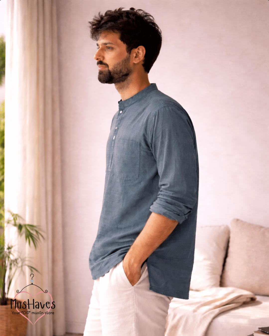 Premium Mulmul Kurta Teeshirt | 100% Organic Cotton | Men | Mushaves Classic | Deep Blue