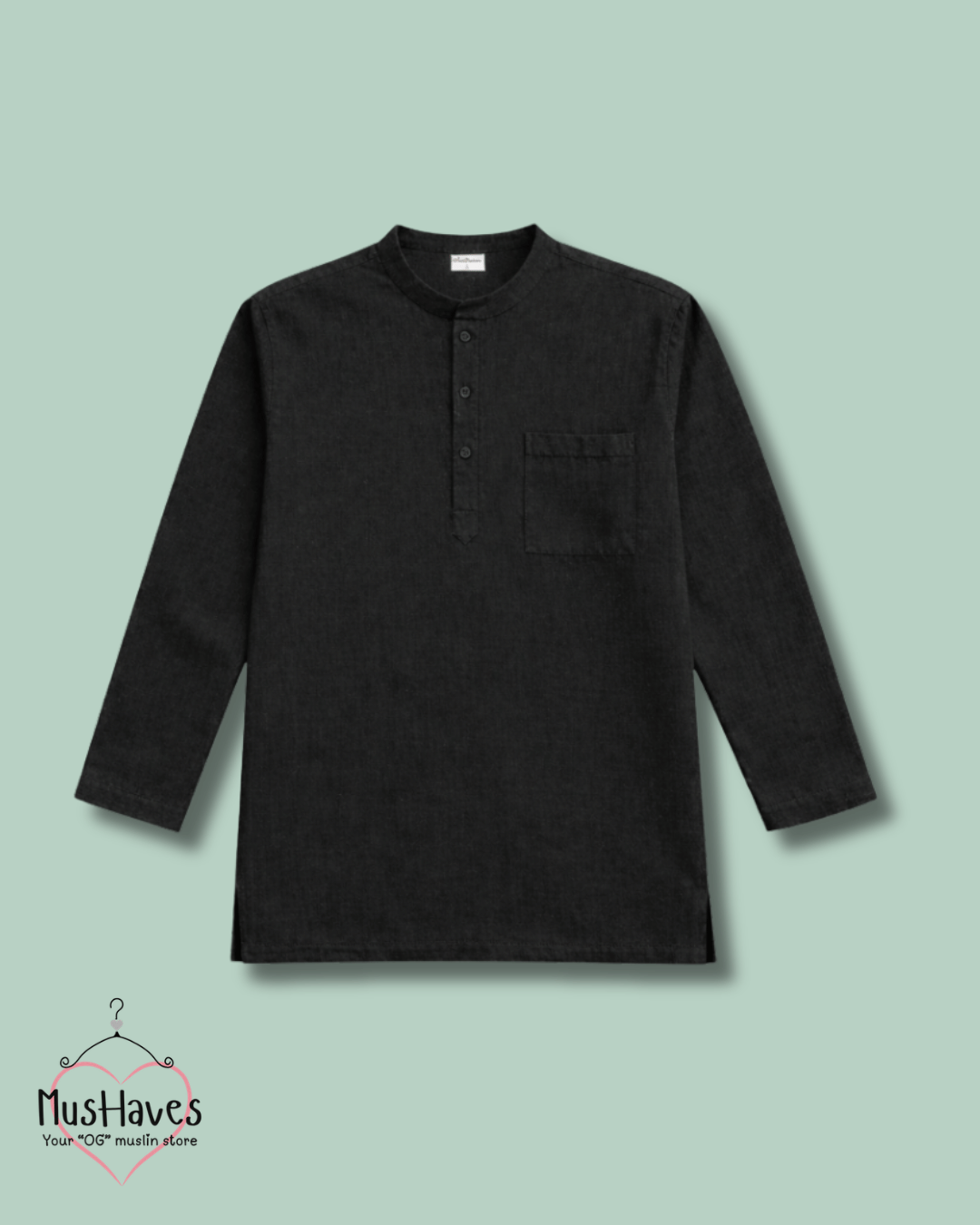 Premium Mulmul Kurta Teeshirt | 100% Organic Cotton | Men | Mushaves Classic | Charcoal Black