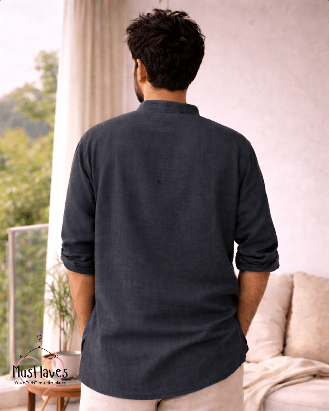 Premium Mulmul Kurta Teeshirt | 100% Organic Cotton | Men | Mushaves Classic | Charcoal Black
