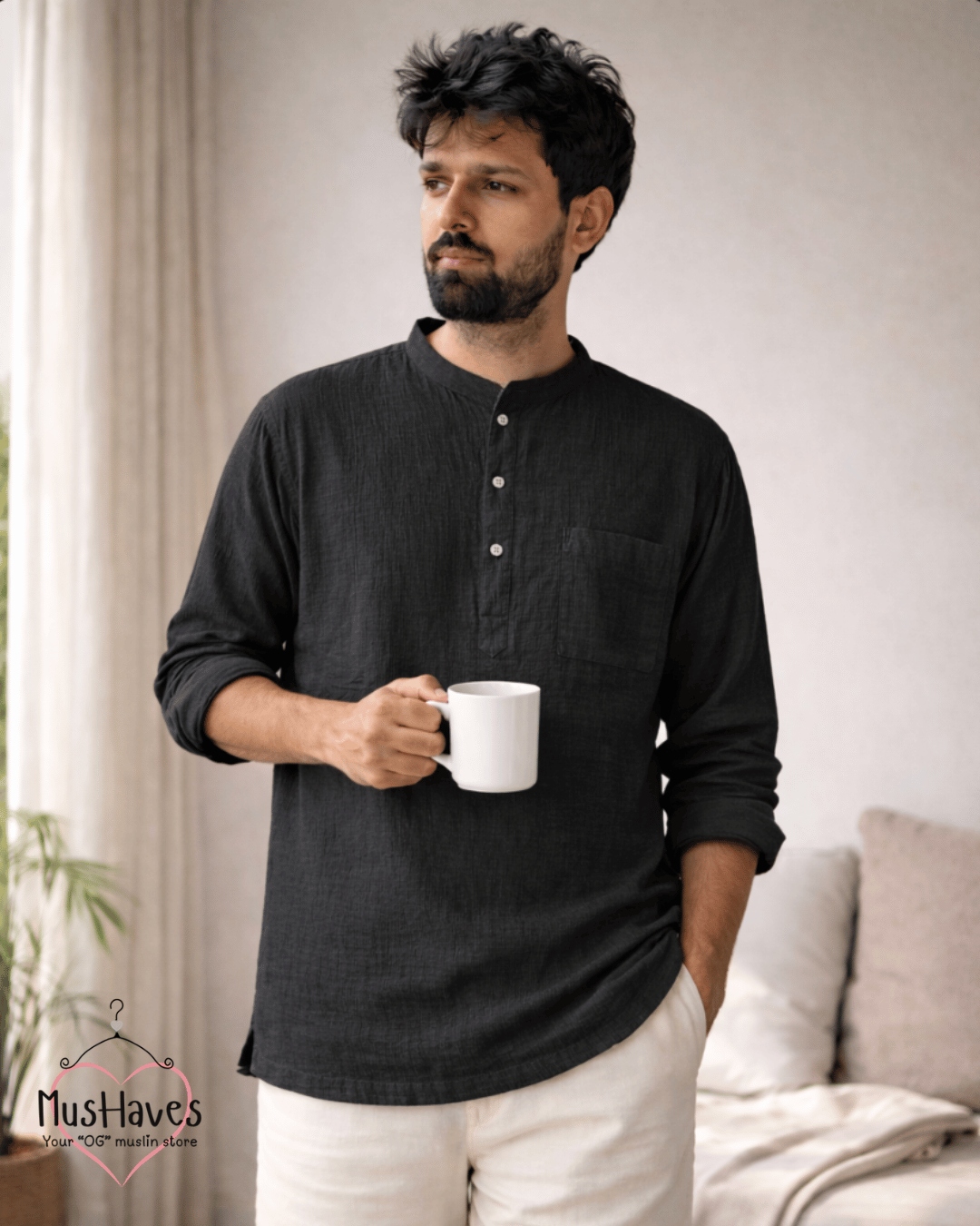 Premium Mulmul Kurta Teeshirt | 100% Organic Cotton | Men | Mushaves Classic | Charcoal Black