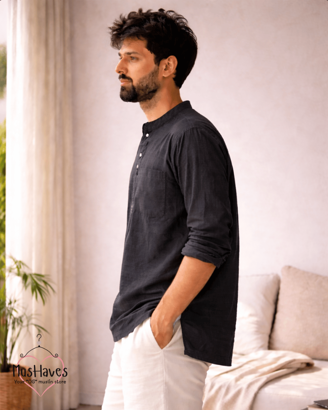 Premium Mulmul Kurta Teeshirt | 100% Organic Cotton | Men | Mushaves Classic | Charcoal Black
