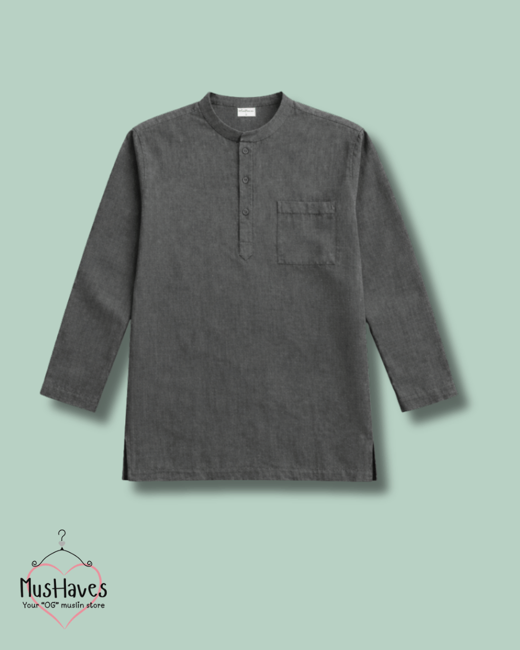 Classic Muslin Bandhgala Short Kurta – Charcoal Grey