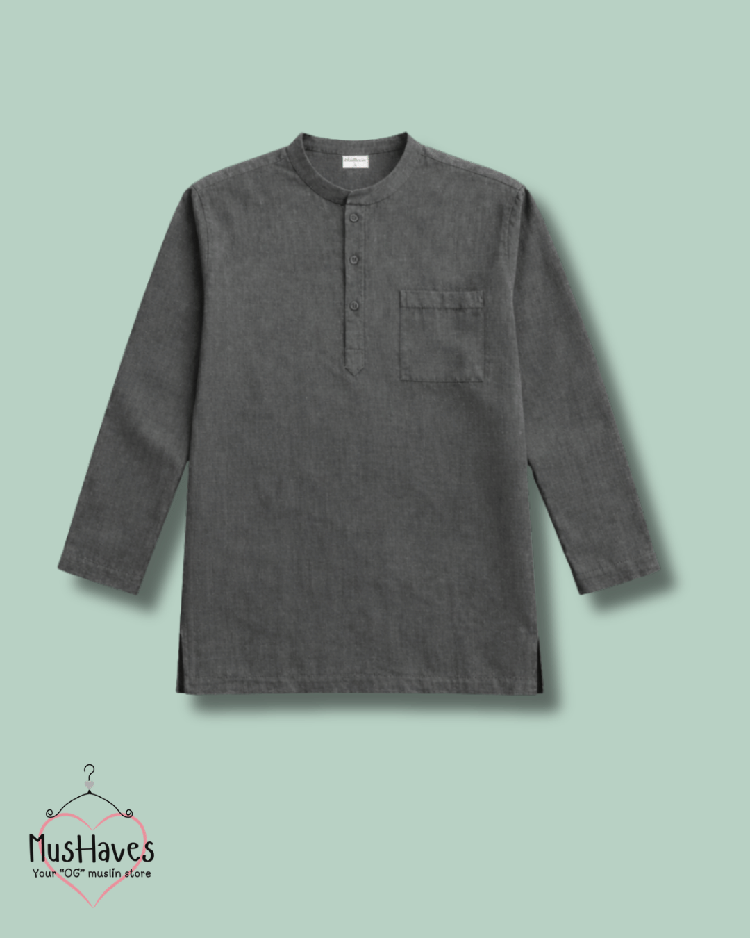 Classic Muslin Bandhgala Short Kurta – Charcoal Grey
