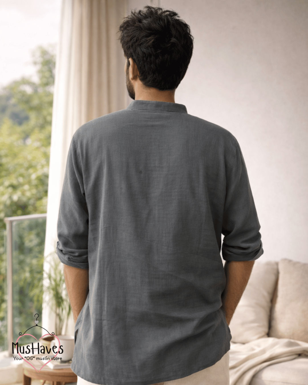 Classic Muslin Bandhgala Short Kurta – Charcoal Grey