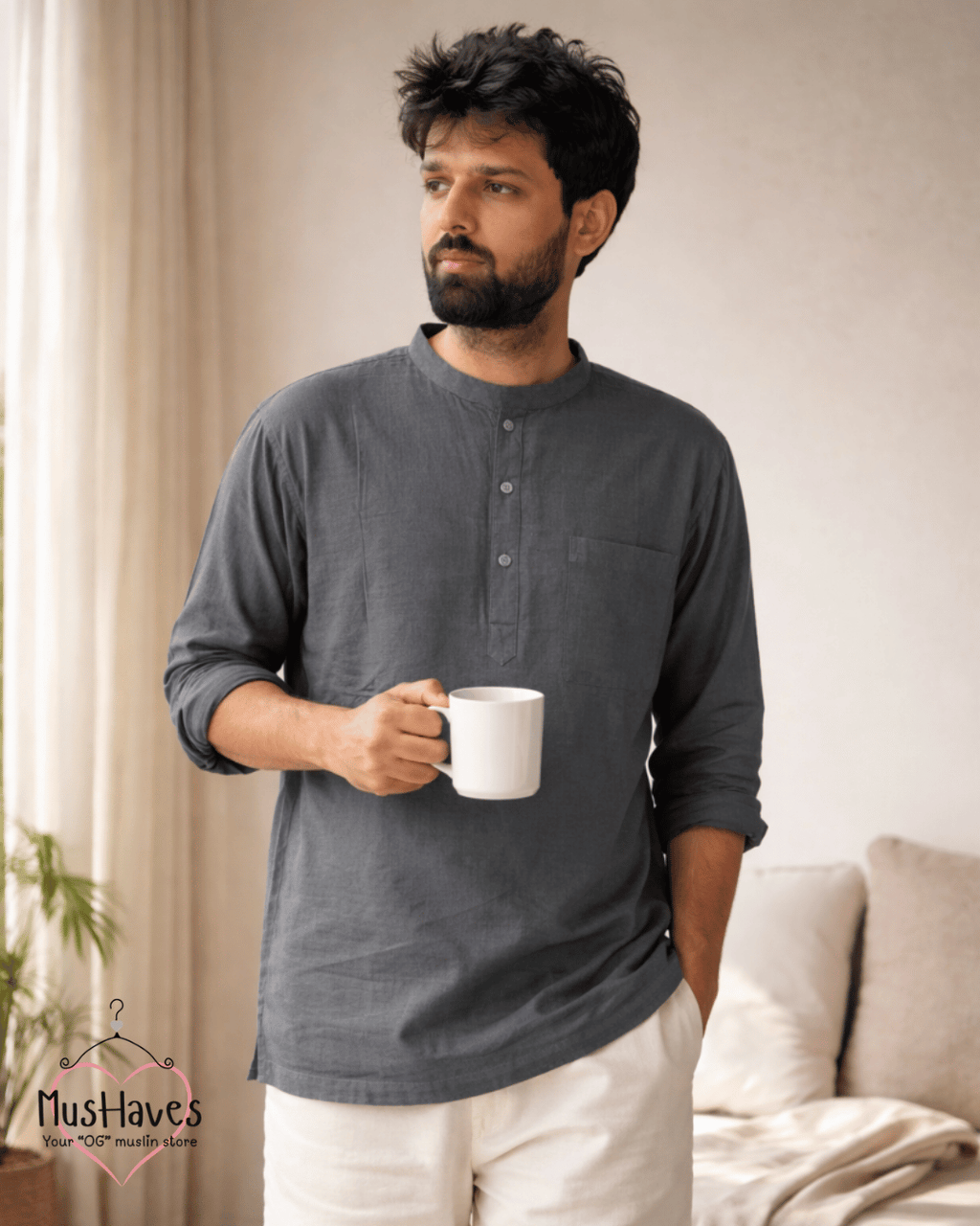 Classic Muslin Bandhgala Short Kurta – Charcoal Grey