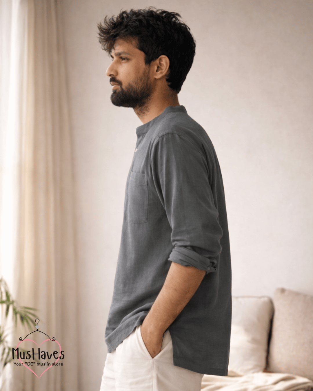 Classic Muslin Bandhgala Short Kurta – Charcoal Grey