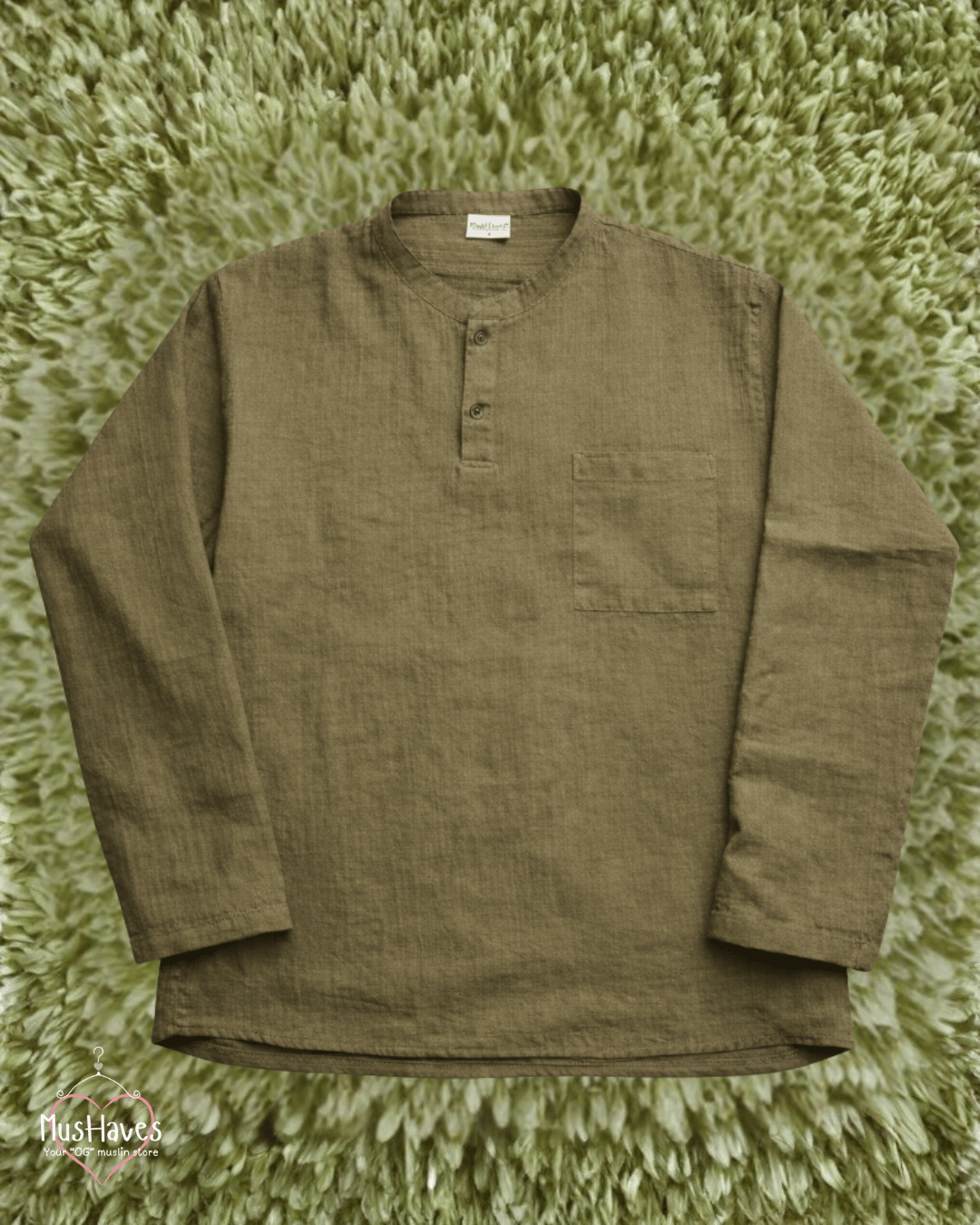 Premium Mulmul Kurta Teeshirt | 100% Organic Cotton | Men | Mushaves Classic | Olive Green