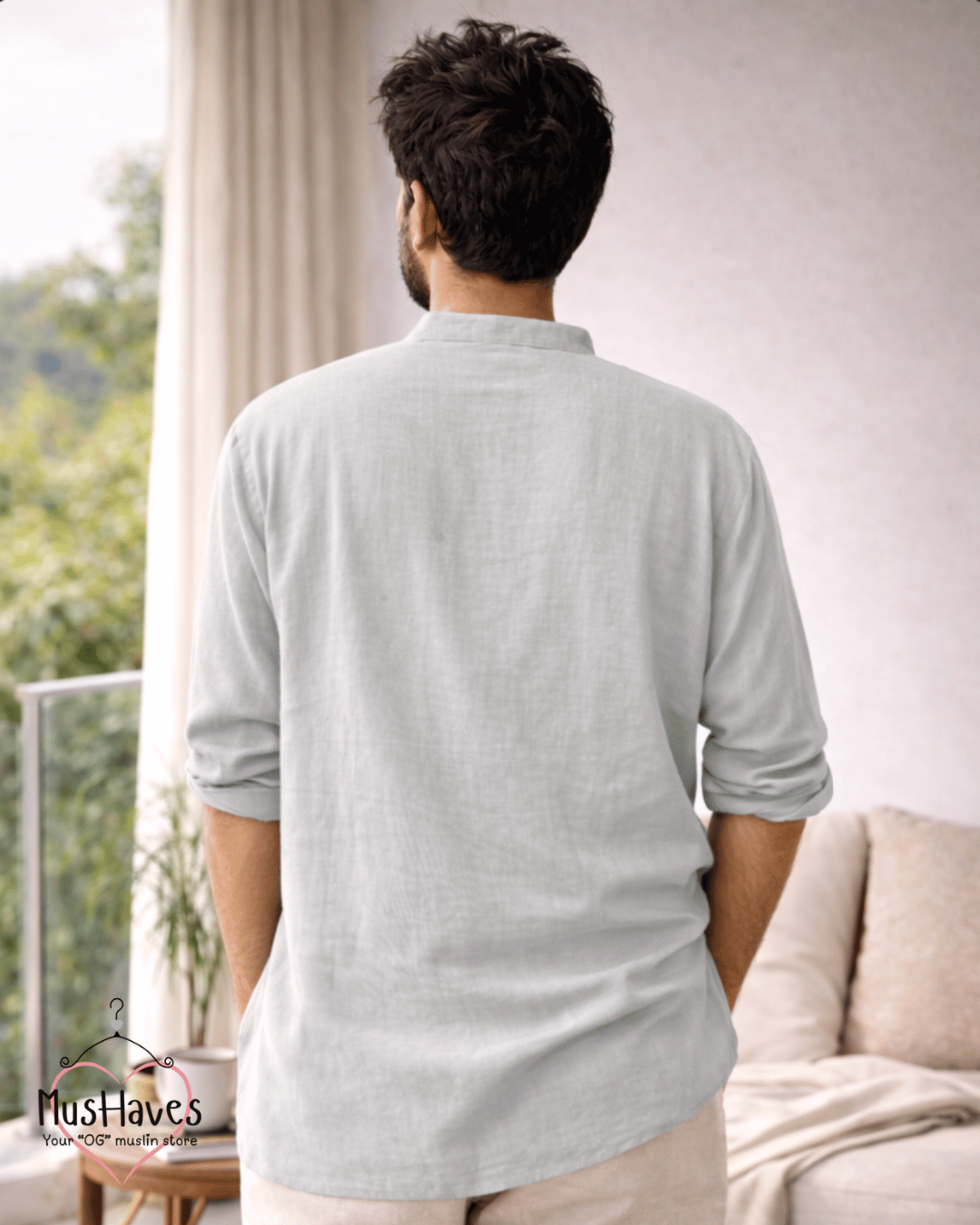 Premium Mulmul Kurta Teeshirt | 100% Organic Cotton | Men | Mushaves Classic | Greenish Grey