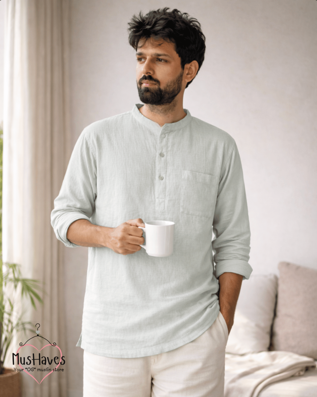 Premium Mulmul Kurta Teeshirt | 100% Organic Cotton | Men | Mushaves Classic | Greenish Grey
