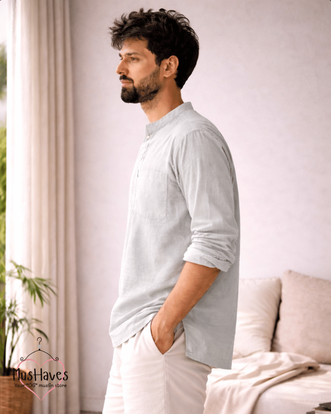 Premium Mulmul Kurta Teeshirt | 100% Organic Cotton | Men | Mushaves Classic | Greenish Grey