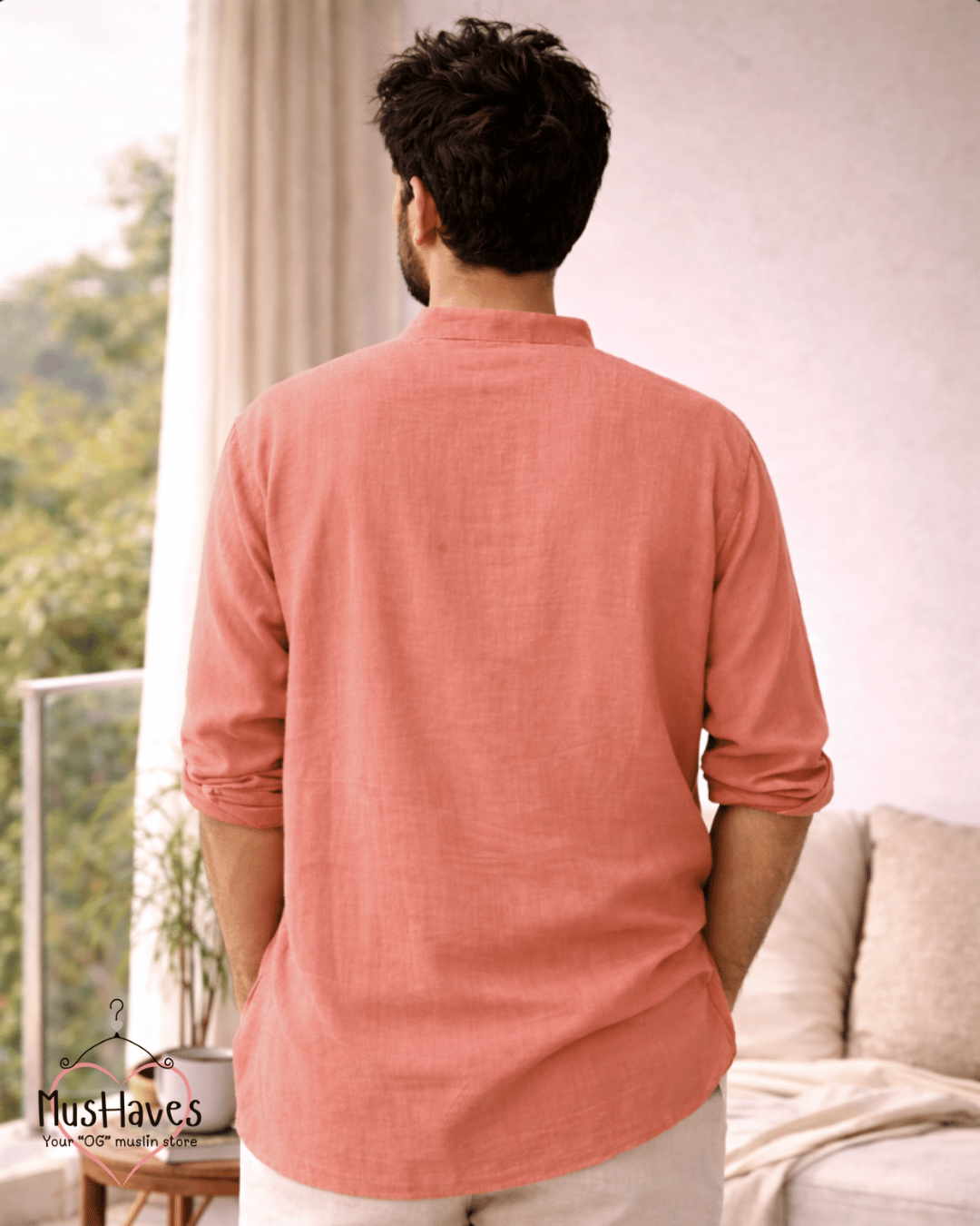 Premium Mulmul Kurta Teeshirt | 100% Organic Cotton | Men | Mushaves Classic | Melon Pulp