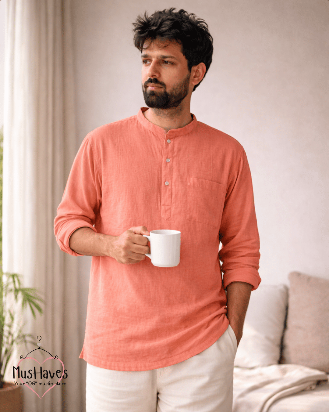Premium Mulmul Kurta Teeshirt | 100% Organic Cotton | Men | Mushaves Classic | Melon Pulp