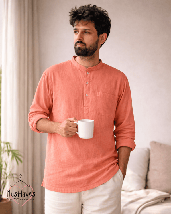 Classic Muslin Bandhgala Short Kurta – Melon Pulp