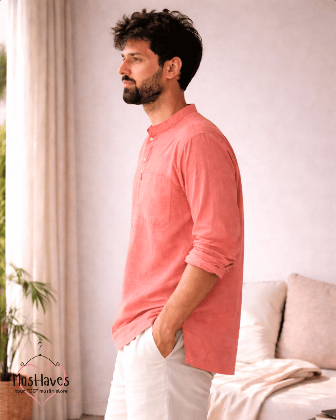 Premium Mulmul Kurta Teeshirt | 100% Organic Cotton | Men | Mushaves Classic | Melon Pulp