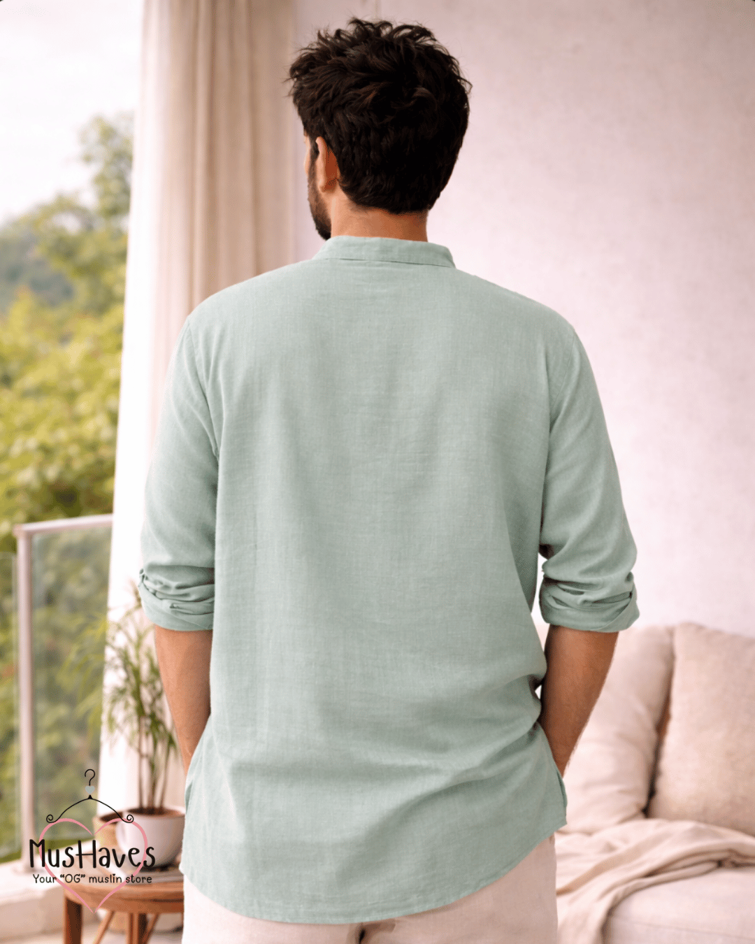 Premium Mulmul Kurta Teeshirt | 100% Organic Cotton | Men | Mushaves Classic | Mint Green