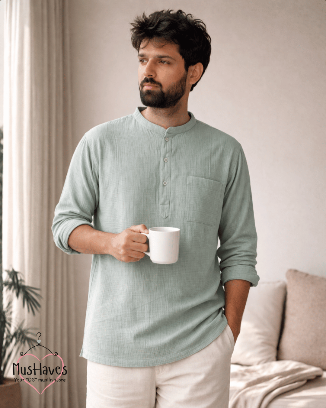 Premium Mulmul Kurta Teeshirt | 100% Organic Cotton | Men | Mushaves Classic | Mint Green