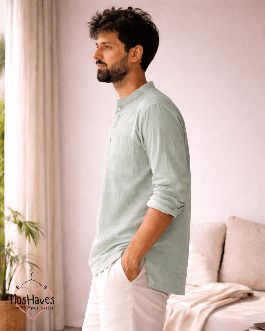 Premium Mulmul Kurta Teeshirt | 100% Organic Cotton | Men | Mushaves Classic | Mint Green