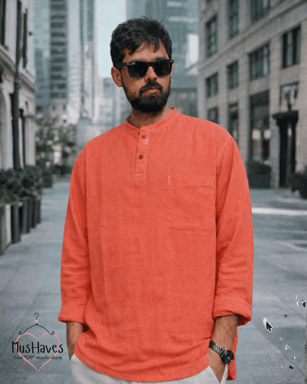 Premium Mulmul Kurta Teeshirt | 100% Organic Cotton | Men | Mushaves Classic | Melon Pulp