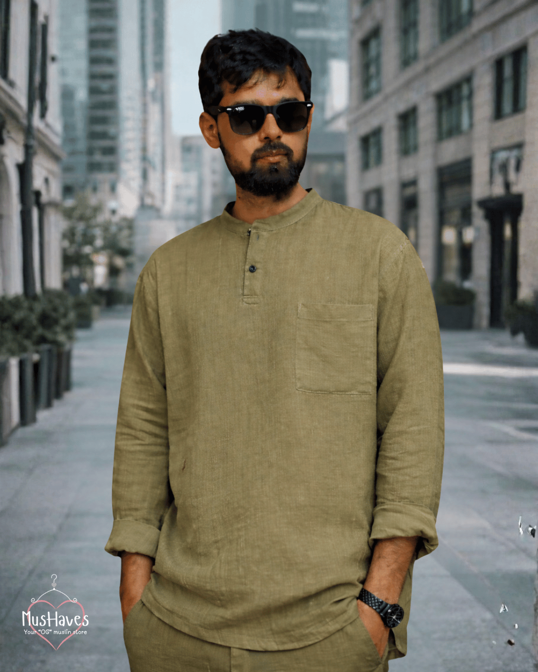 Premium Mulmul Kurta Teeshirt | 100% Organic Cotton | Men | Mushaves Classic | Olive Green