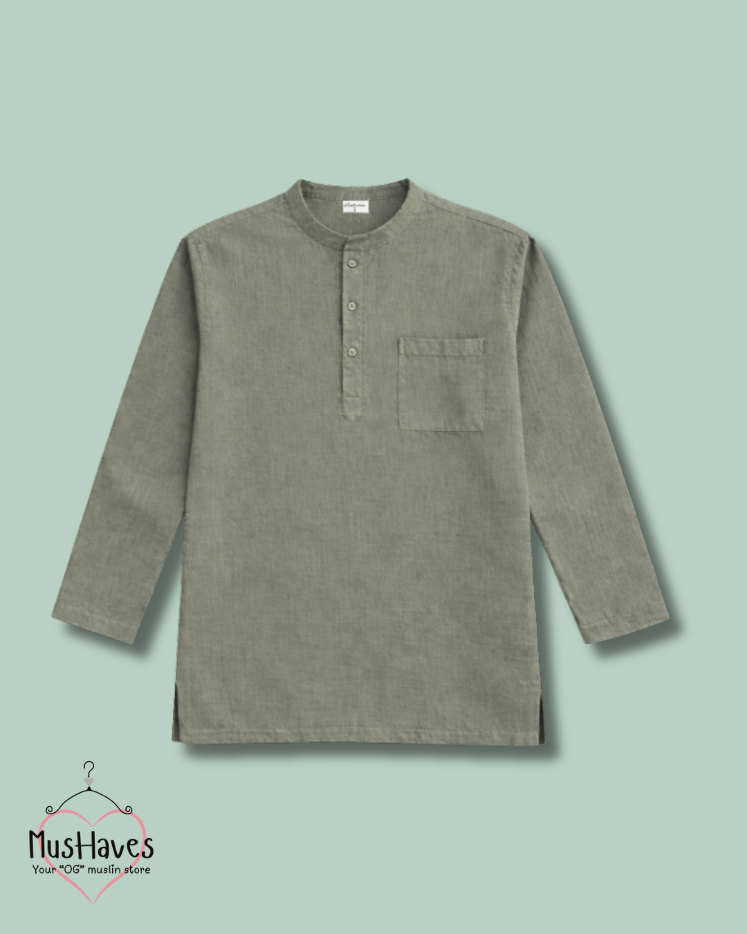 Premium Mulmul Kurta Teeshirt | 100% Organic Cotton | Men | Mushaves Classic | Olive Green