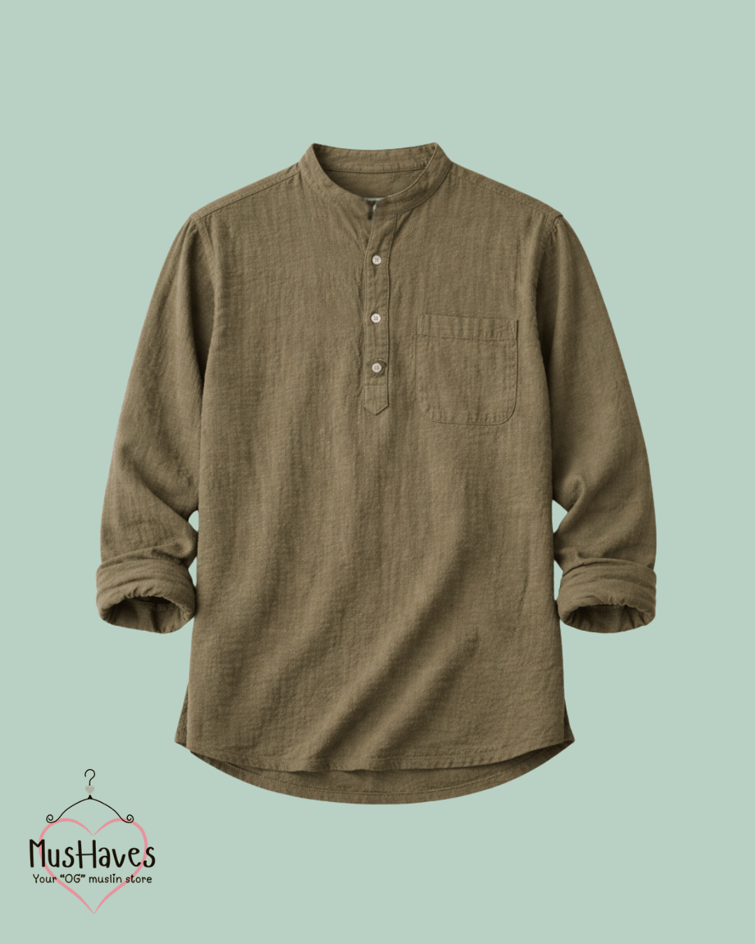 Classic Muslin Bandhgala Short Kurta – Olive Green