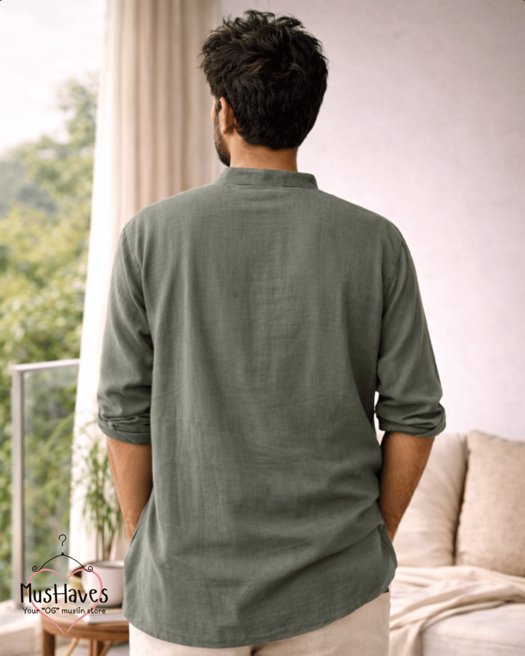 Premium Mulmul Kurta Teeshirt | 100% Organic Cotton | Men | Mushaves Classic | Olive Green