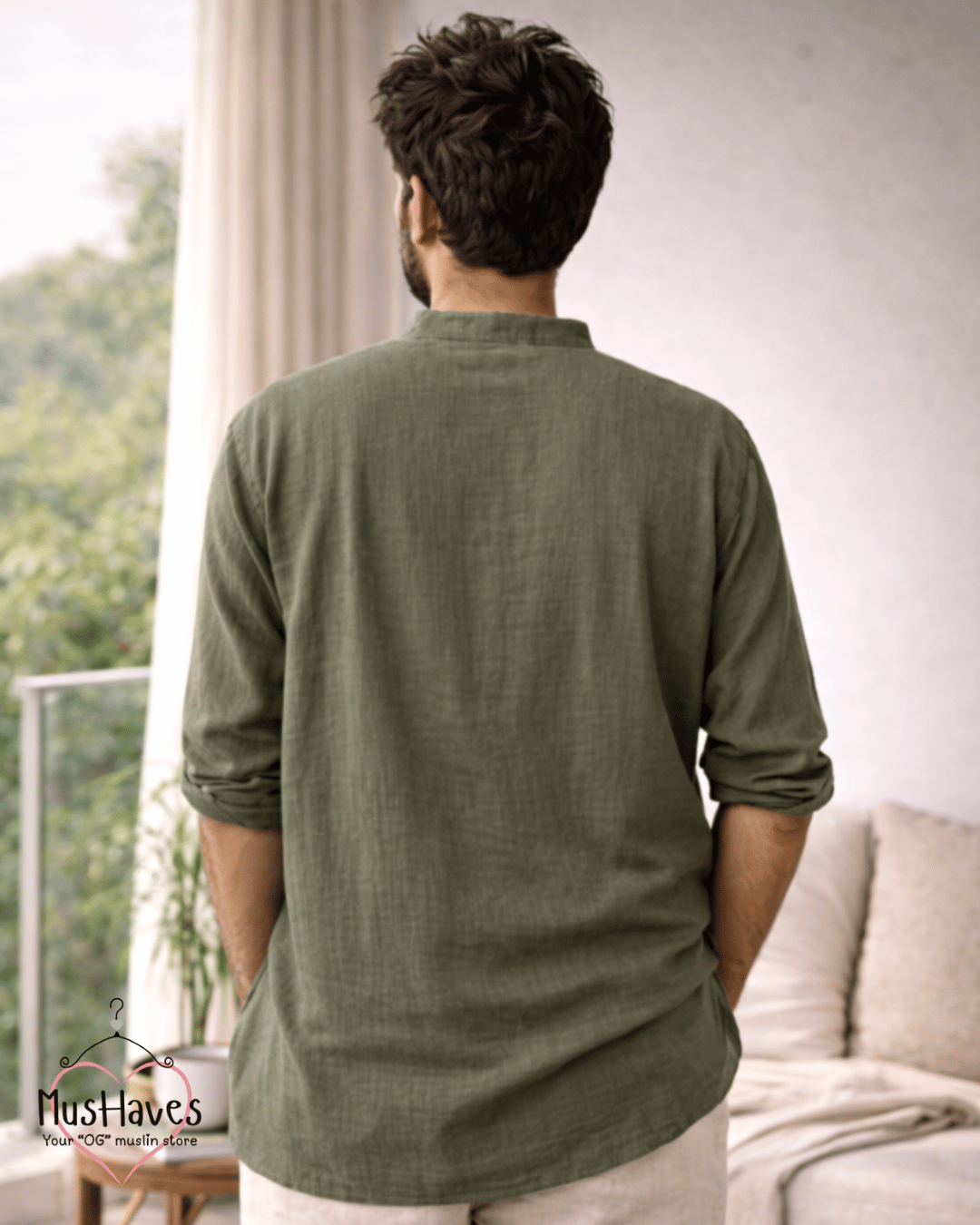 Classic Muslin Bandhgala Short Kurta – Olive Green