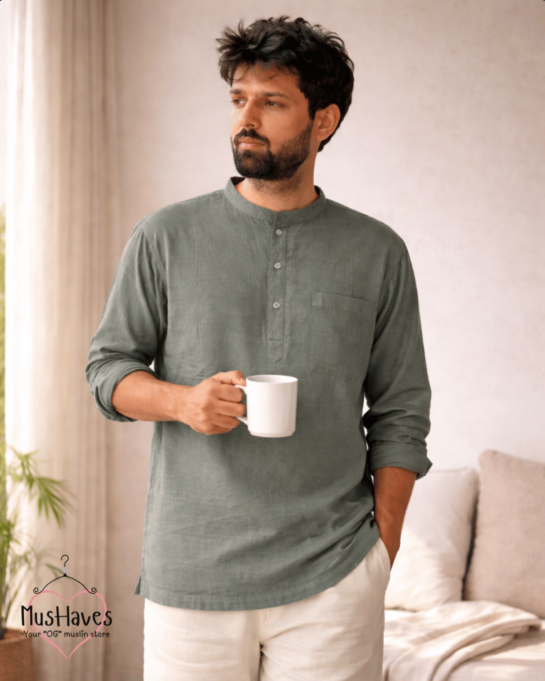 Premium Mulmul Kurta Teeshirt | 100% Organic Cotton | Men | Mushaves Classic | Olive Green