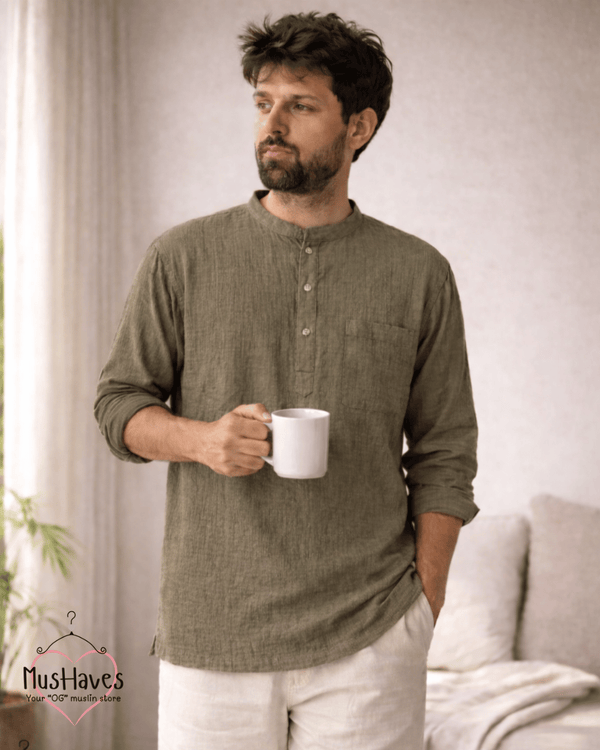 Classic Muslin Bandhgala Short Kurta – Olive Green