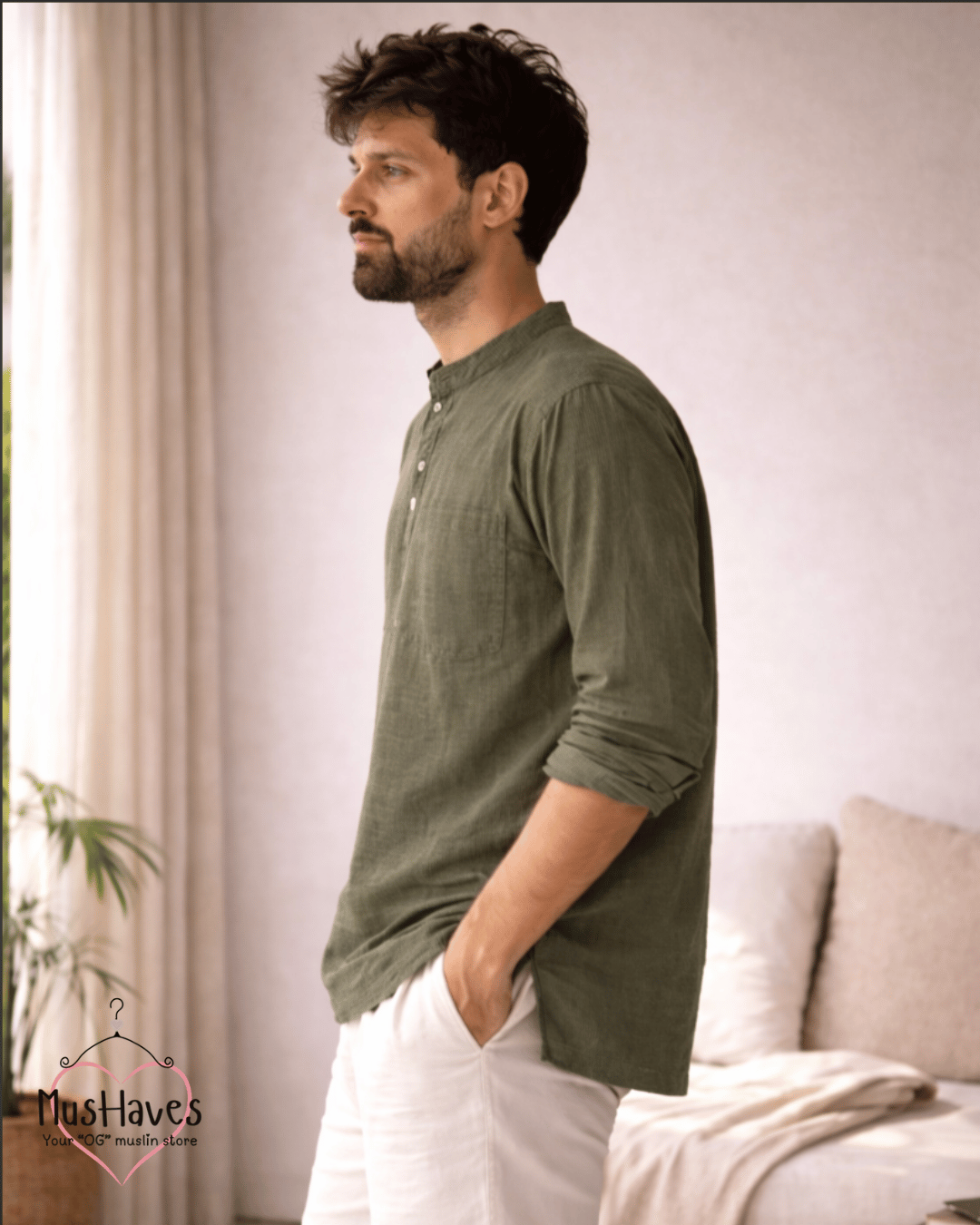 Classic Muslin Bandhgala Short Kurta – Olive Green
