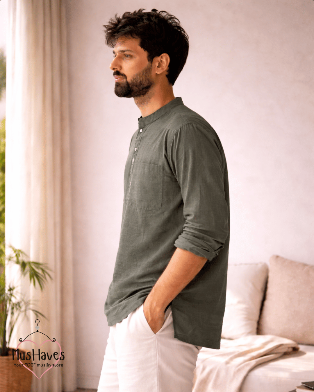 Premium Mulmul Kurta Teeshirt | 100% Organic Cotton | Men | Mushaves Classic | Olive Green