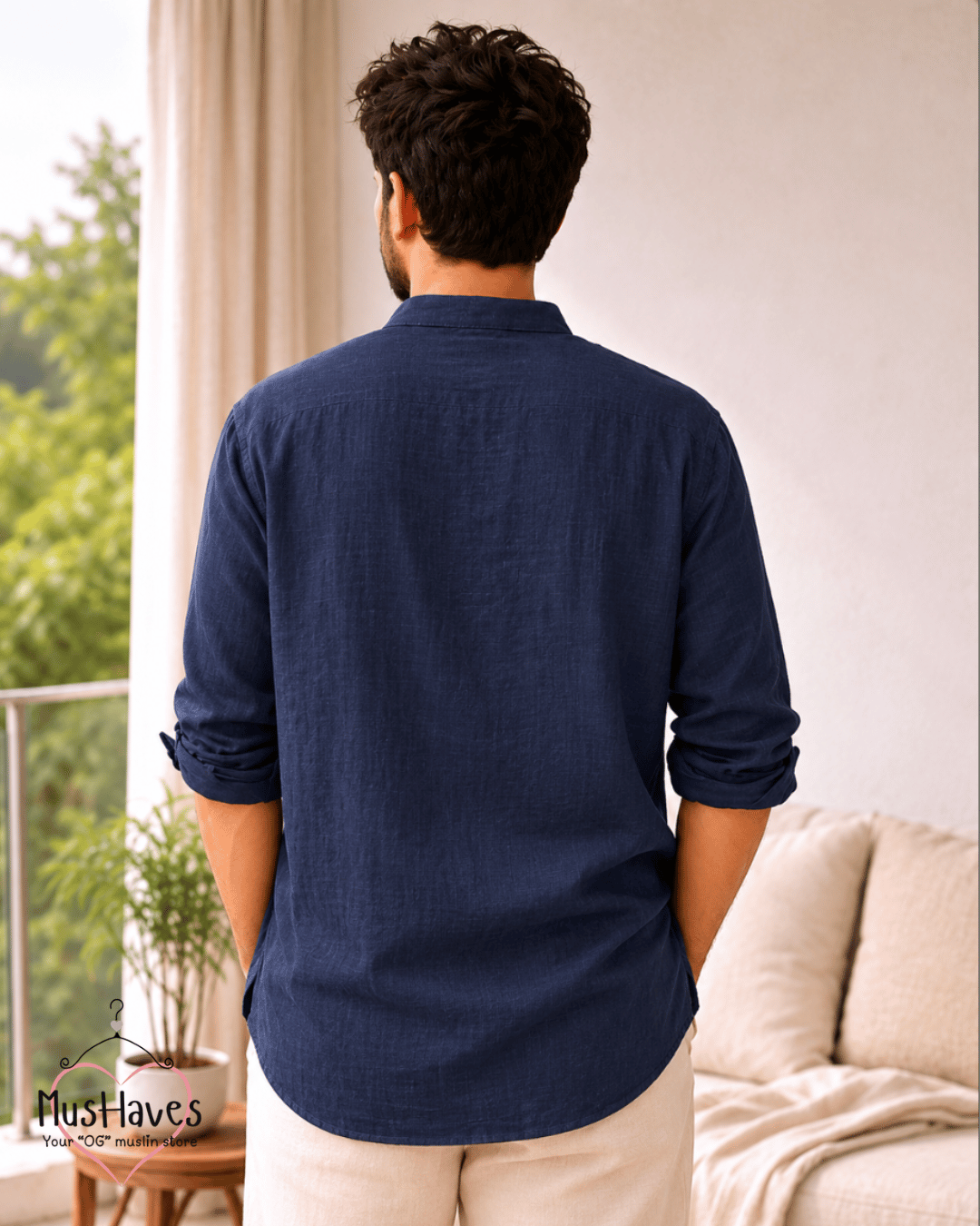 Classic Muslin Bandhgala Short Kurta – Royal Blue