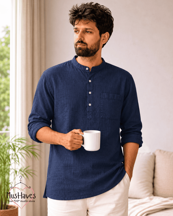 Classic Muslin Bandhgala Short Kurta – Royal Blue
