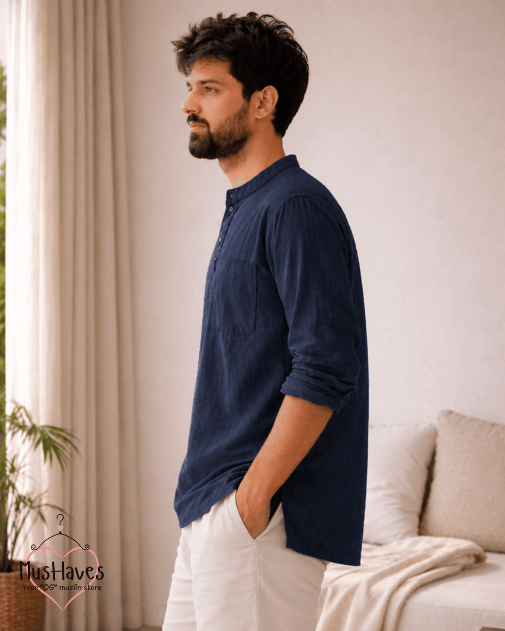 Classic Muslin Bandhgala Short Kurta – Royal Blue