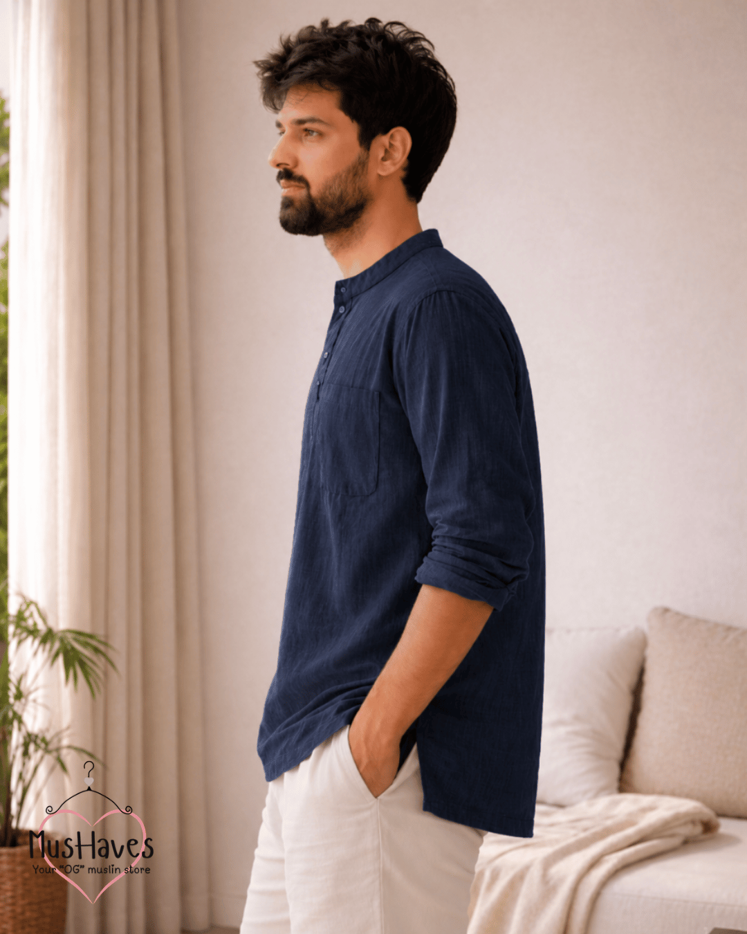 Classic Muslin Bandhgala Short Kurta – Royal Blue
