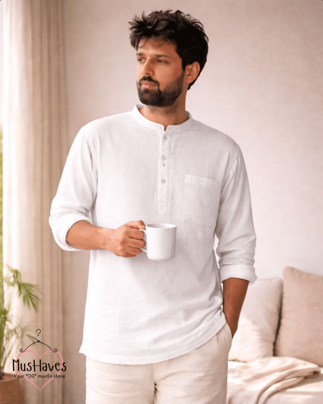 Premium Mulmul Kurta Teeshirt | 100% Organic Cotton | Men | Mushaves Classic | Pearl White
