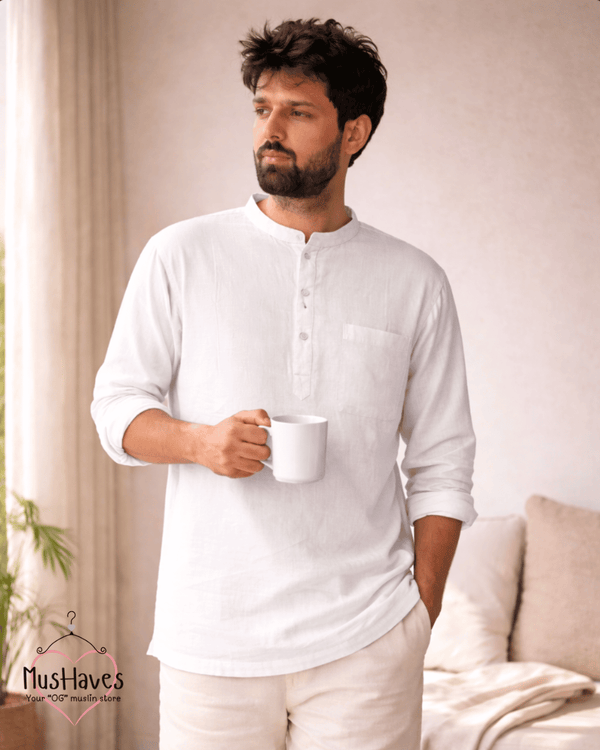 Classic Muslin Bandhgala Short Kurta – Pearl White