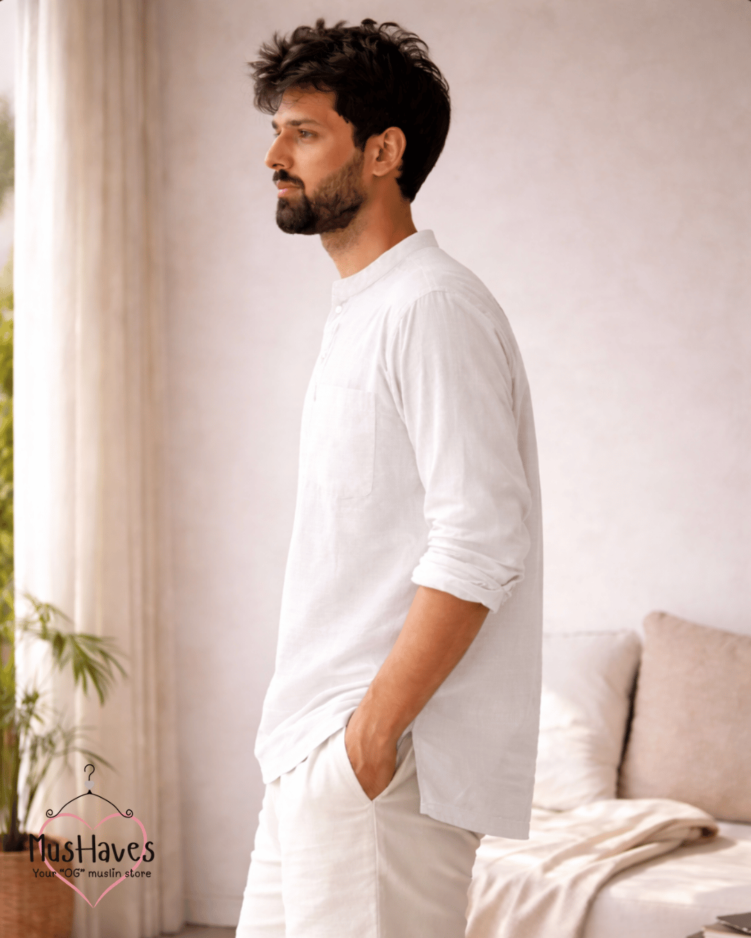 Premium Mulmul Kurta Teeshirt | 100% Organic Cotton | Men | Mushaves Classic | Pearl White