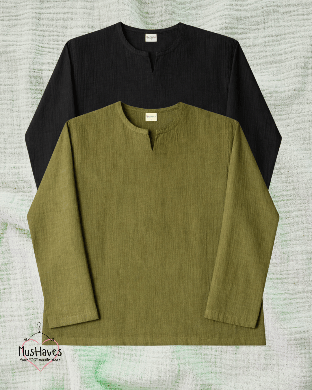 Muslin Notch Neck Twin Pack – Black × Olive