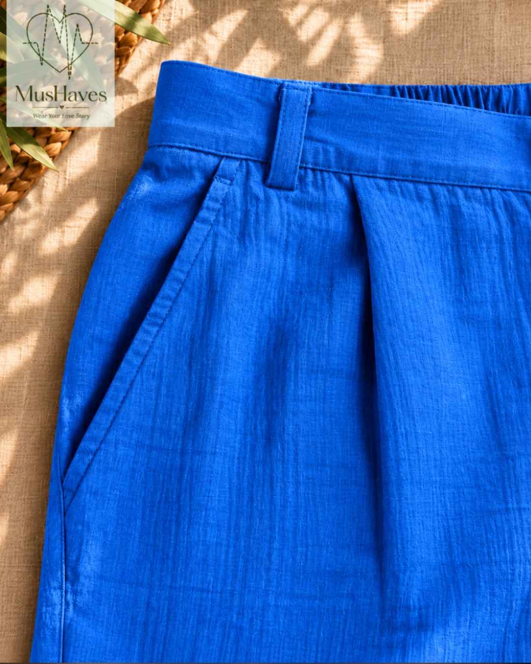 MusHaves EasyFlow Muslin Pants | Relaxed Straight-Fit Trousers | Bright Blue