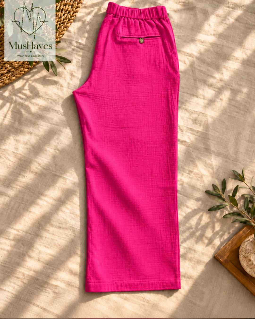 MusHaves EasyFlow Muslin Pants | Relaxed Straight-Fit Trousers | Fuchsia Pink