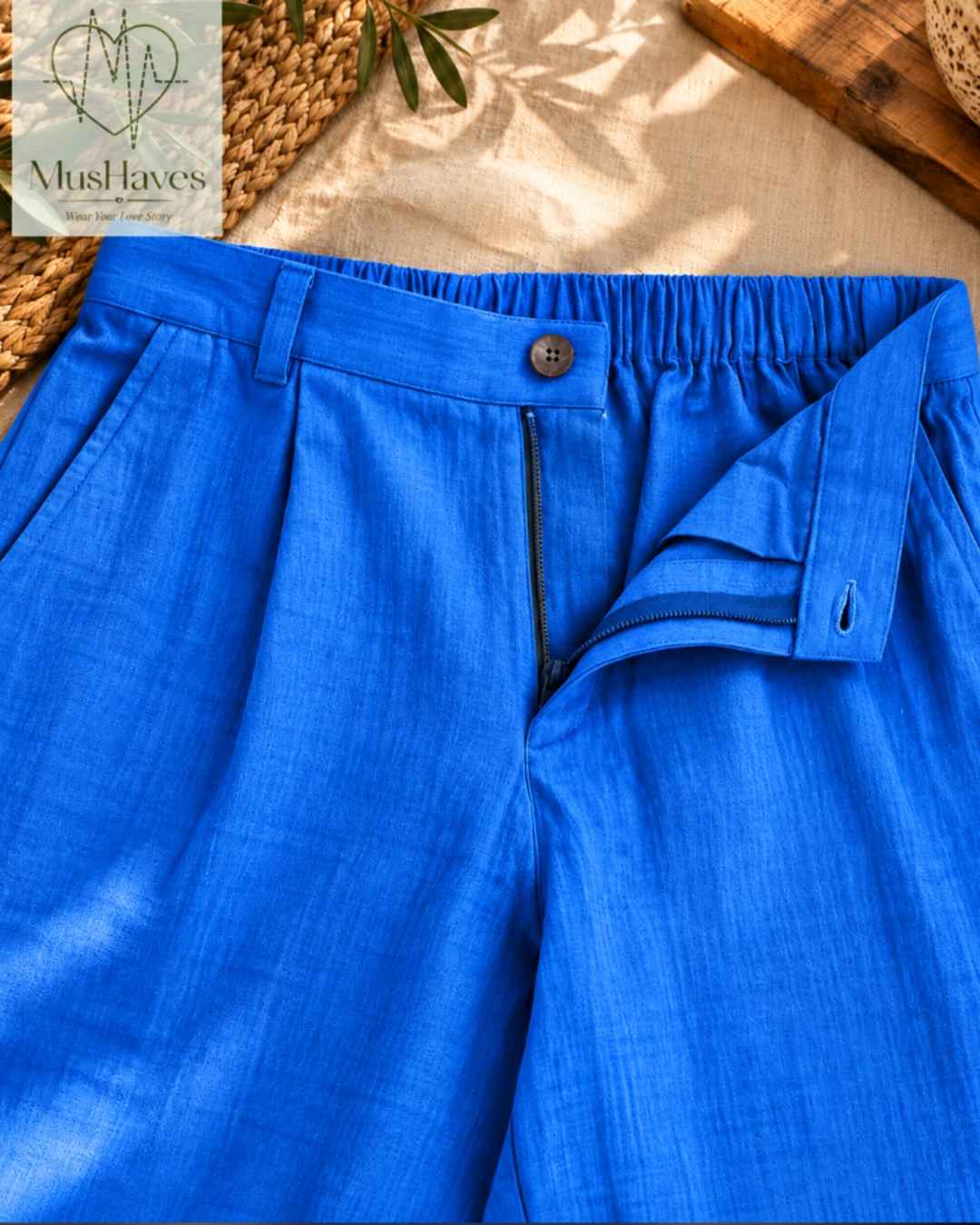 MusHaves EasyFlow Muslin Pants | Relaxed Straight-Fit Trousers | Bright Blue