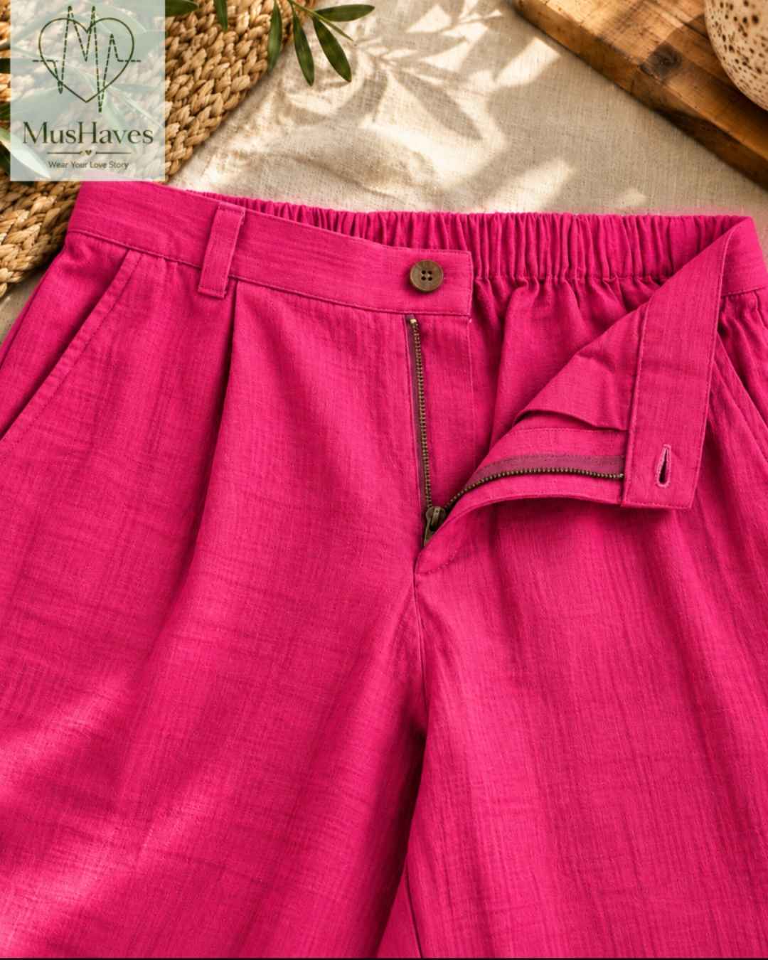 MusHaves EasyFlow Muslin Pants | Relaxed Straight-Fit Trousers | Fuchsia Pink