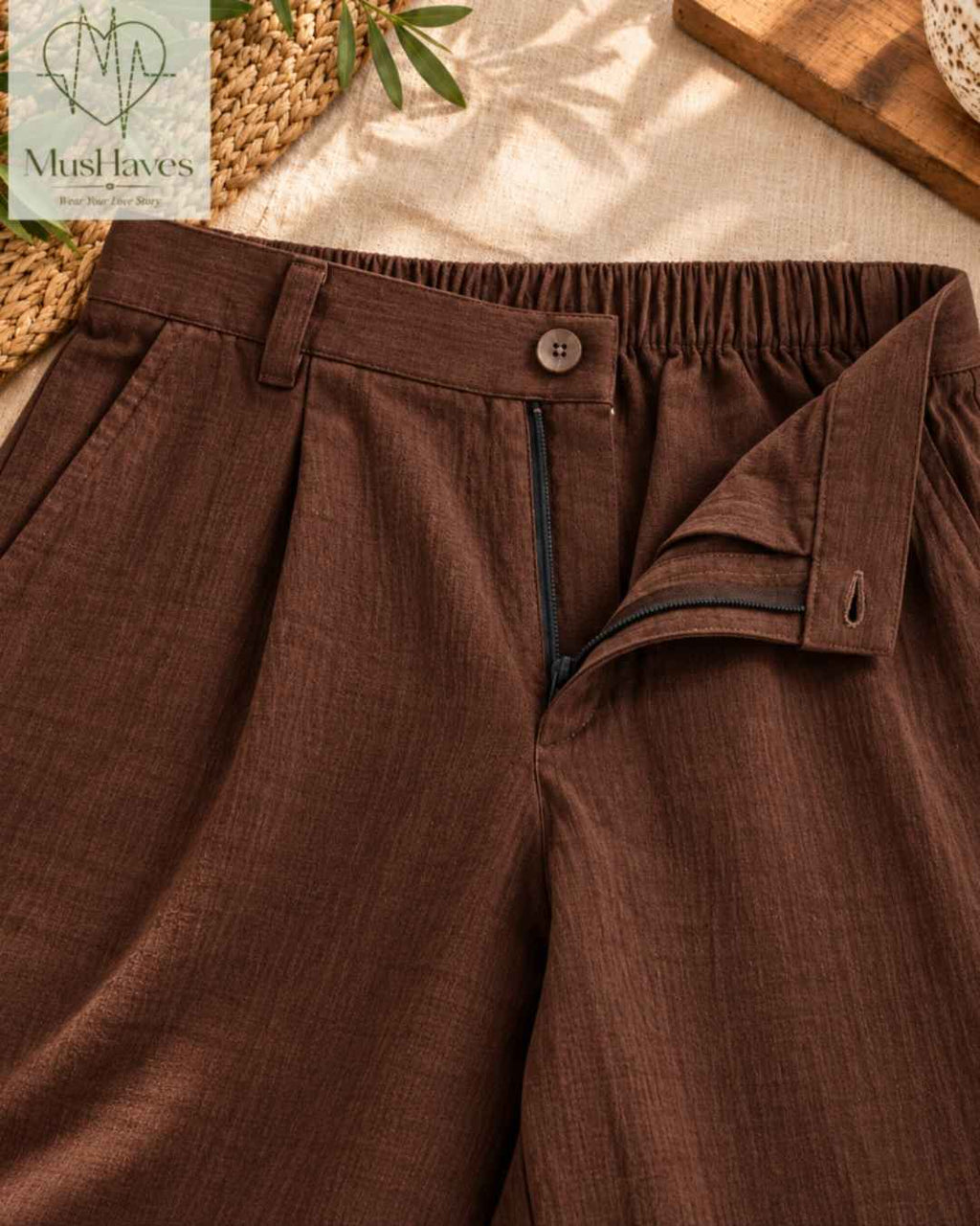 MusHaves EasyFlow Muslin Pants | Relaxed Straight-Fit Trousers | Chocolate Brown