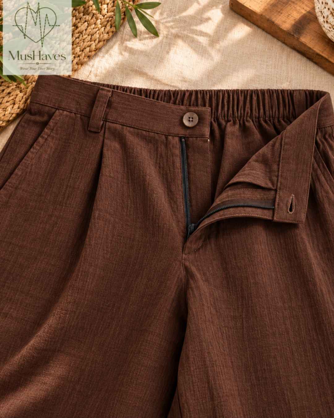MusHaves EasyFlow Muslin Pants | Relaxed Straight-Fit Trousers | Chocolate Brown